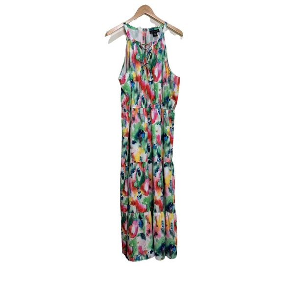 Watercolor 2X Plus Floral Stella & Julie Halter Neck Maxi Dress Boho Summer - Picture 2 of 10